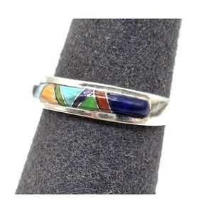 Multi-Gemstone Sterling Silver Inlaid Band Ring Size 7 Unisex Stackable Signed